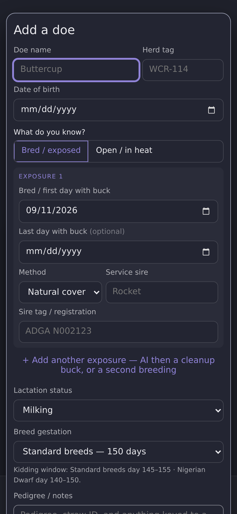 Adding a doe: name, tag, breeding method, and date