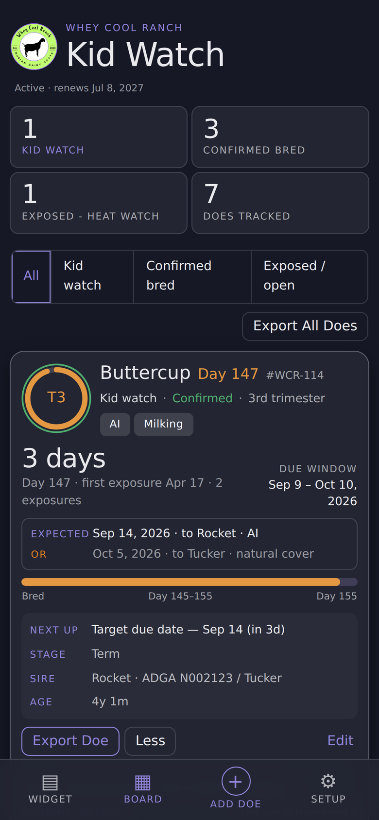 Kid Watch board on a phone with a doe card expanded
