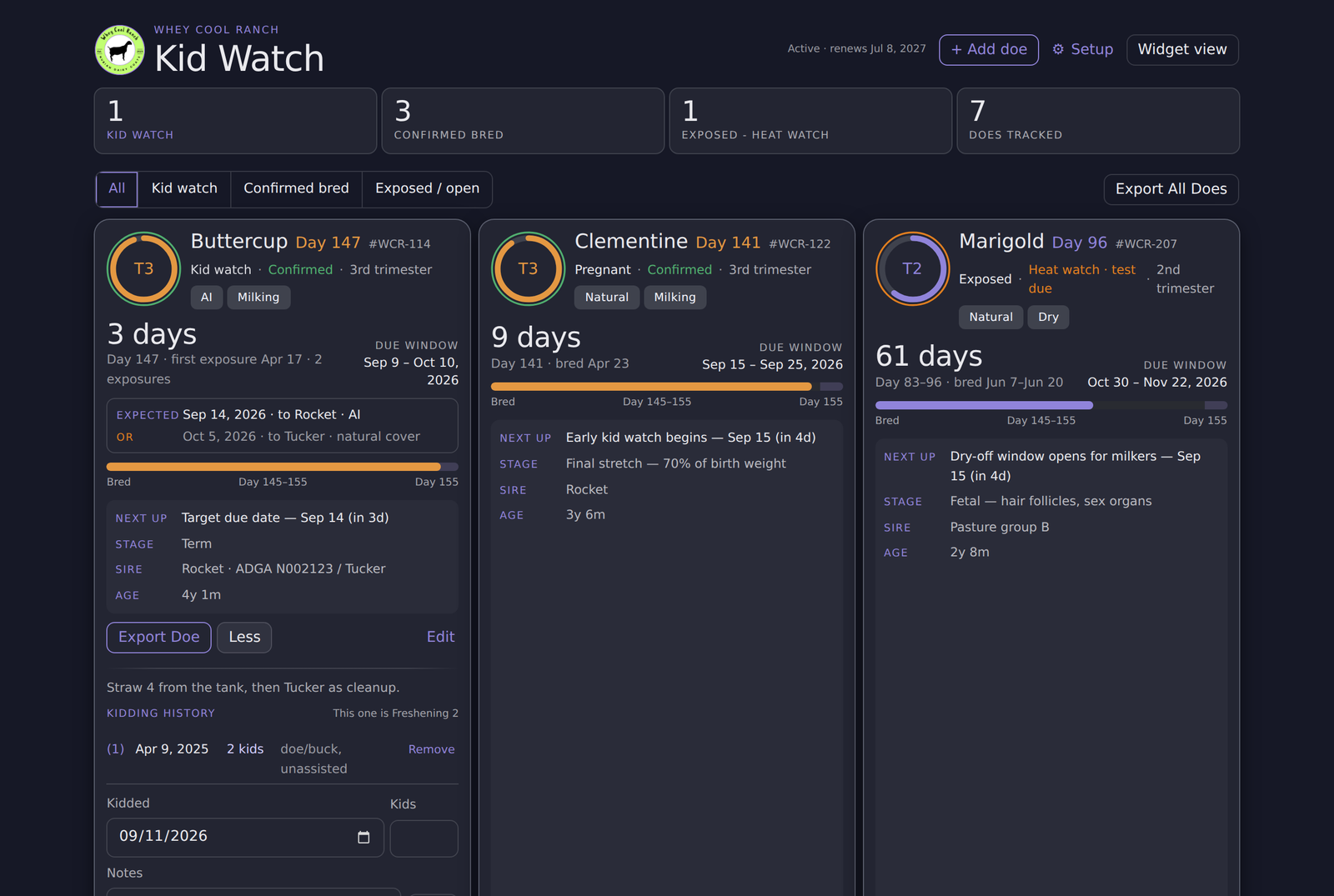 Kid Watch board view on a laptop: summary tiles, filters, and three doe cards side by side